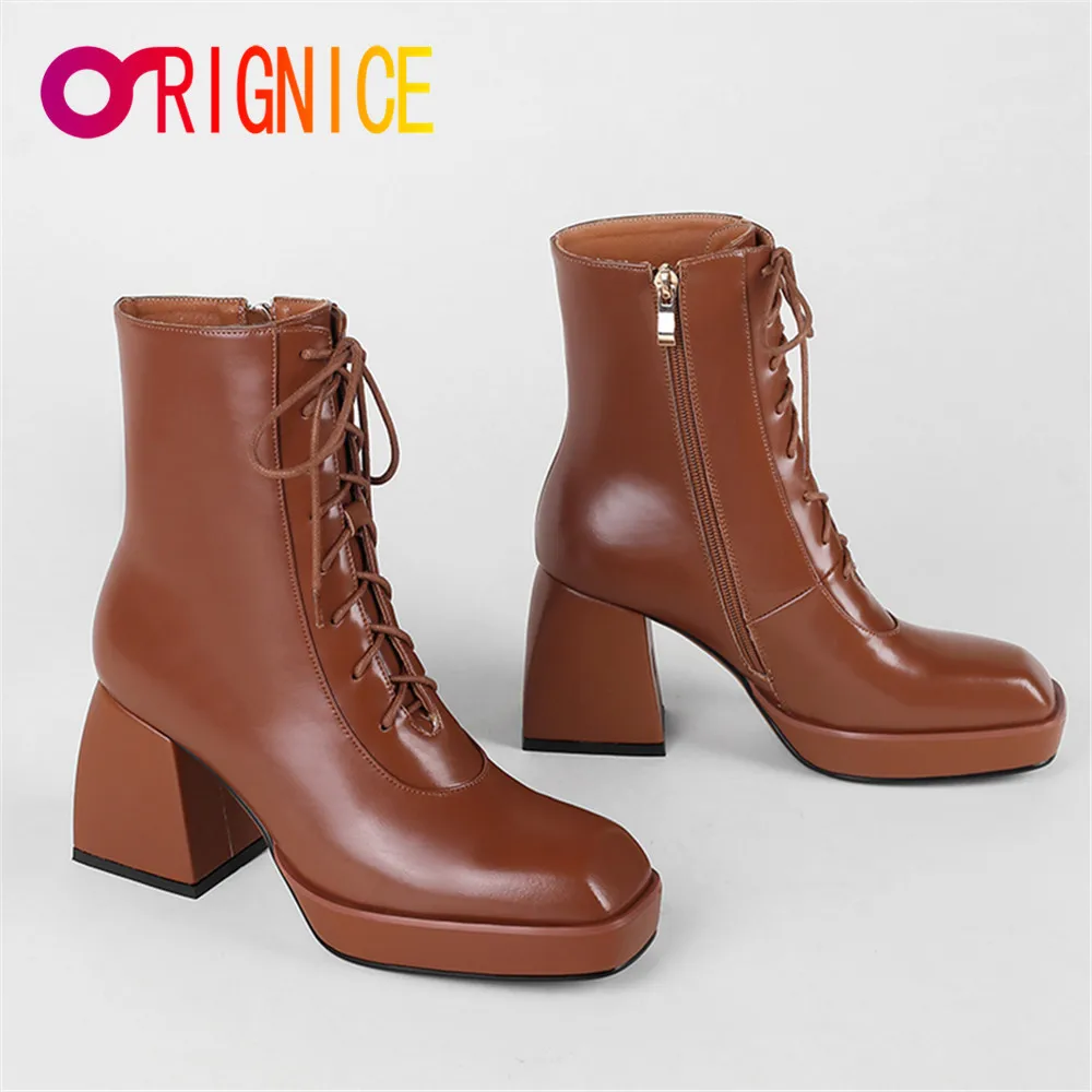 

Orignice Square Toe Platform Ankle Boots Good Quality Leather Women 2021 New Retro Lace Up Zipper Handmade Special Casual Shoes