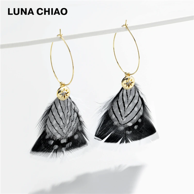 LUNA CHIAO новые модные шикарные стильные ювелирные изделия Красочные птица перо большие серьги-кольца для женщин - Окраска металла: black