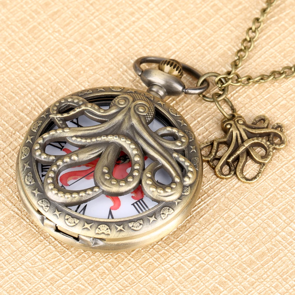 Bronze Octopus Hollow Quartz Pocket Watch Vintage Necklace Pendant FOB Clock for Kids Men Women Chain Retro reloj with Accessory