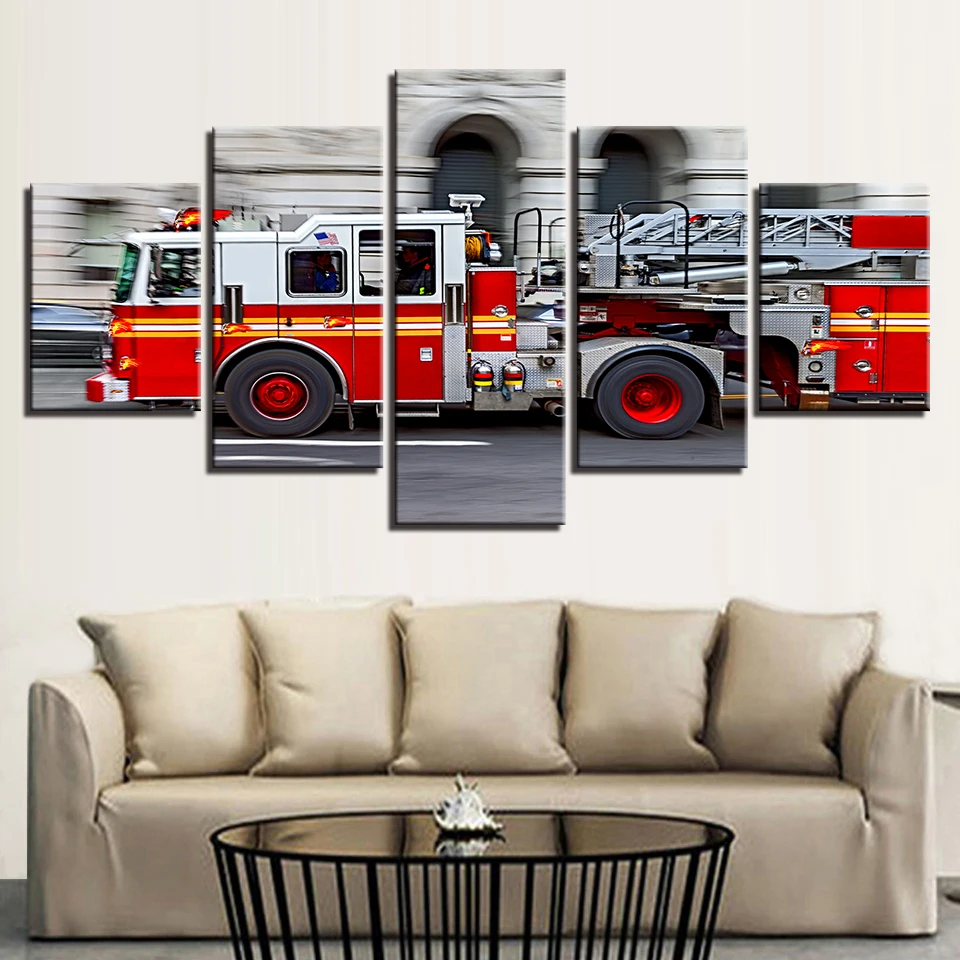 Canvas HD Prints Poster Home Decoration Framework 5 Pieces Fire Fighting Truck Paintings Modern Pictures Modular Wall Artwork | Дом и сад