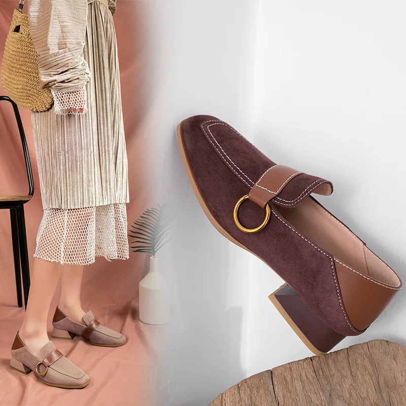 

2019 Spring New Style Square Head Dull Polish Genuine Leather Versitile Fashion Chunky-Heel Slip-on WOMEN'S Shoes Loafers Shoes