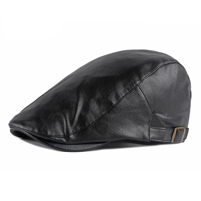 PU Leather Beret Hat For Men Imitation leather Herringbone Berets  Flat Peaked Forward Cap Women Solid Black Red Newsboy Hats Black