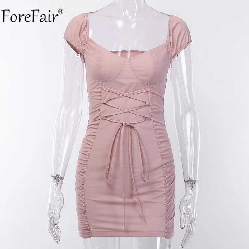 Forefair розовый Бандажное мини облегающее платье пикантные милые летние с открытыми плечами Ruched вечерние клубная одежда женские платья