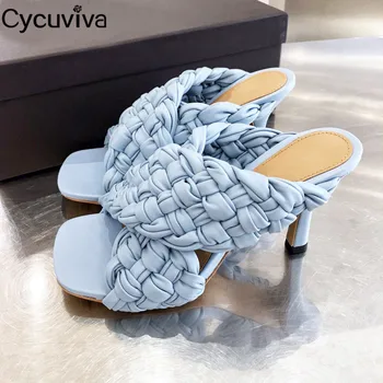 

Designer High Heels Mules Brand Shoes Women Braid Weave Leather Slippers Light Blue Ladies Summer Slides Runway Sandalias Mujer