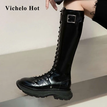 

Vichelo Hot 2020 winter limited customization real leather round toe thick bottom riding boots gentlewomen knee-high boots L10