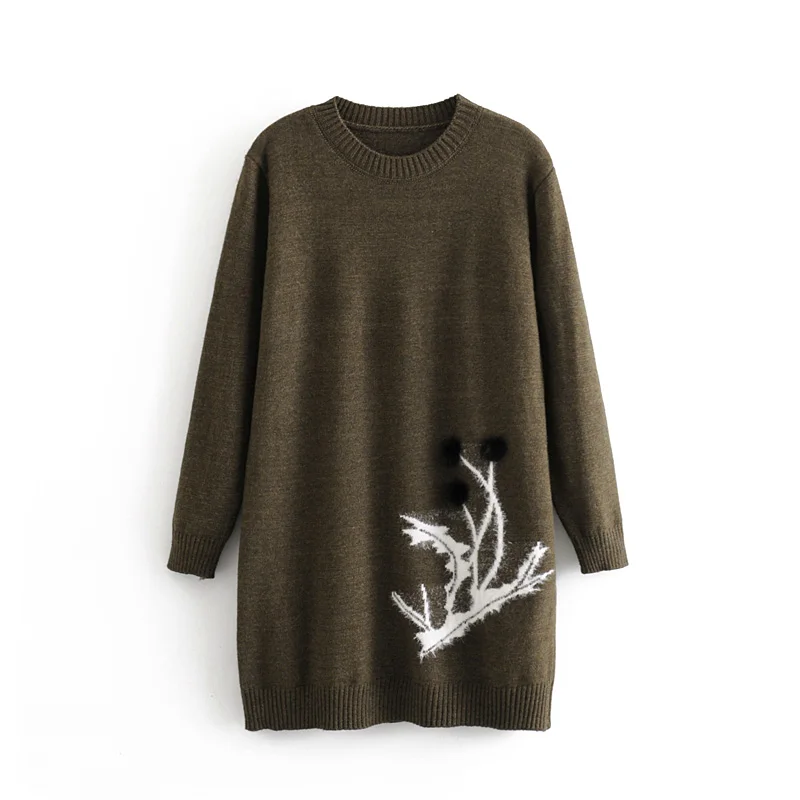 dark green sweater Звездный Светлячок, большой размер, повседневный Свободный вязаный свитер с круглым вырезом, женский,, осенний, с принтом веток, длинный, прямой, трикотаж для женщин - Цвет: dark green sweater