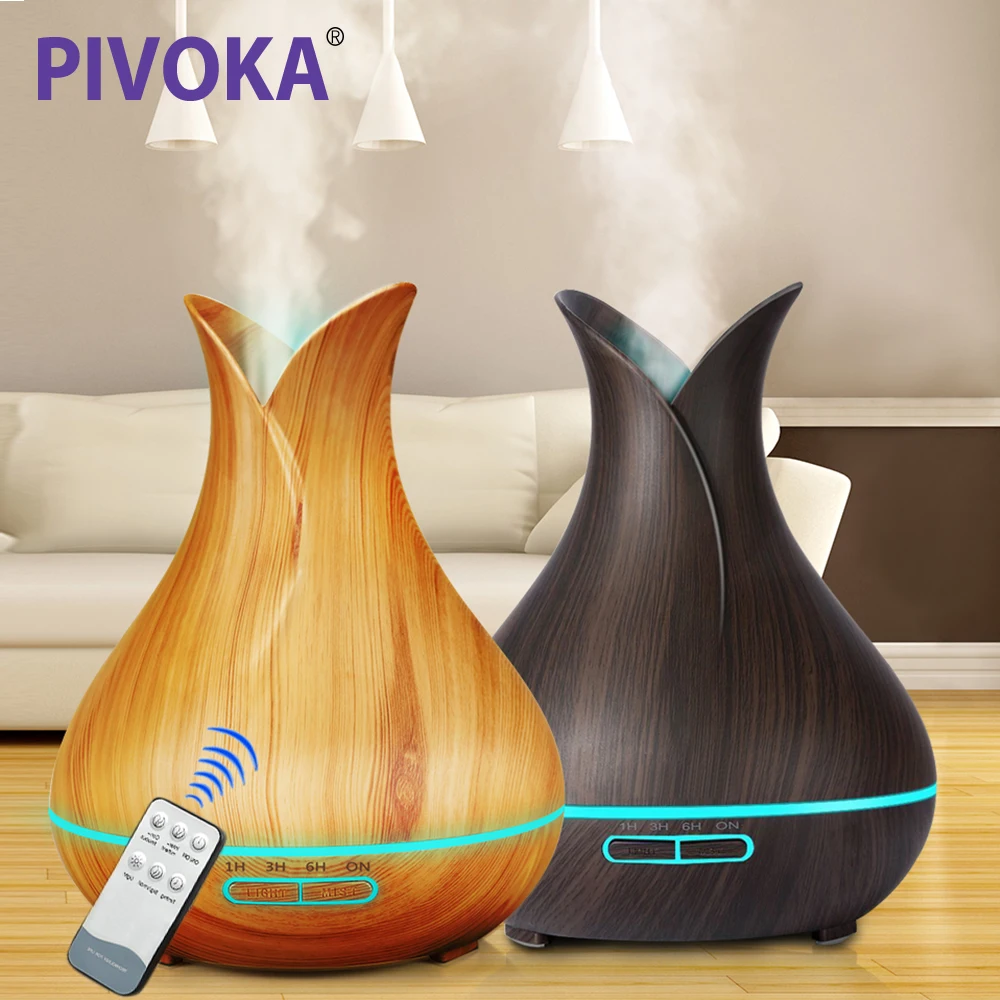 

PIVOKA 400ml Remote Control Air Humidifier Aroma Diffuser Essentiel Oil Aromatherapy Wood Mist Maker 7 Clour LED Light Housing