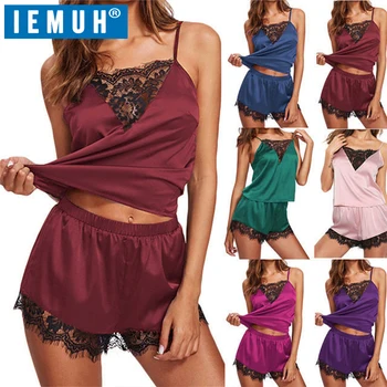 

IEMUH New Lounge Sleep Pajama Set Sexy Satin Sleepwear Women Summer Pyjama Femme Fashion Flower Pajamas for Women