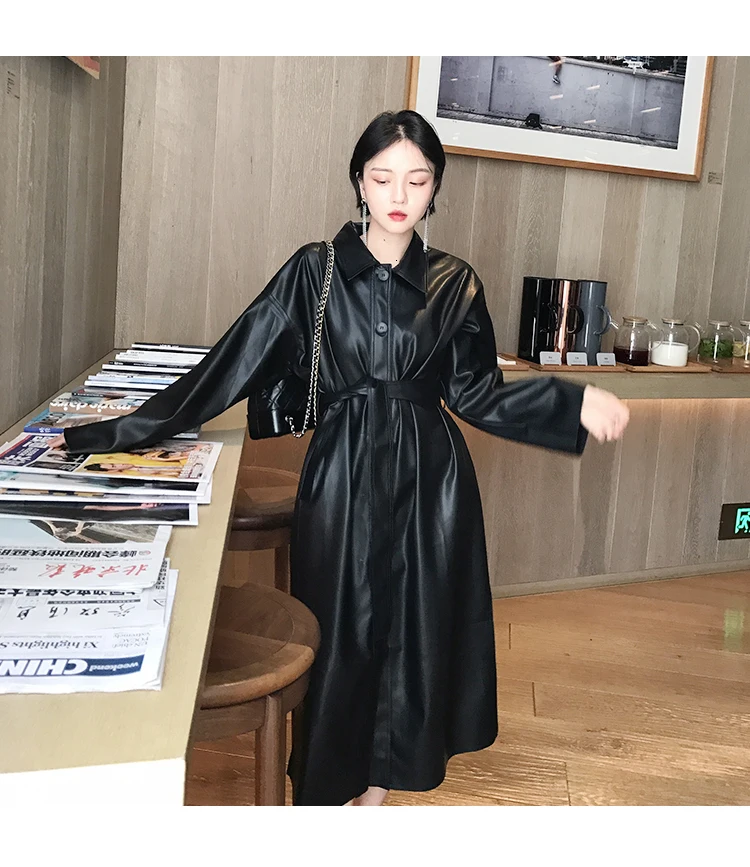 Новая весенняя мода Длинная ветровка из искусственной кожи свободное однобортное длинное пальто Черная Женская одежда E378