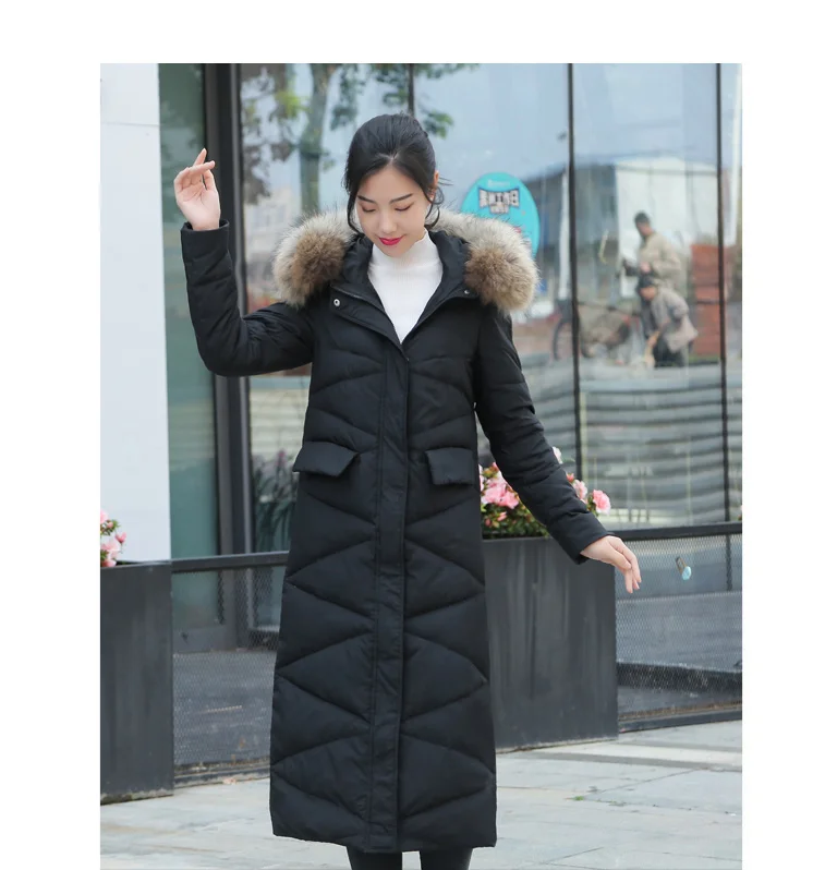 Fashion Fur Collar Hooded Down Coat Women Long Jacket New Winter Slim Warm Parkas Female Overcoat Red Coat Tops Women WM140