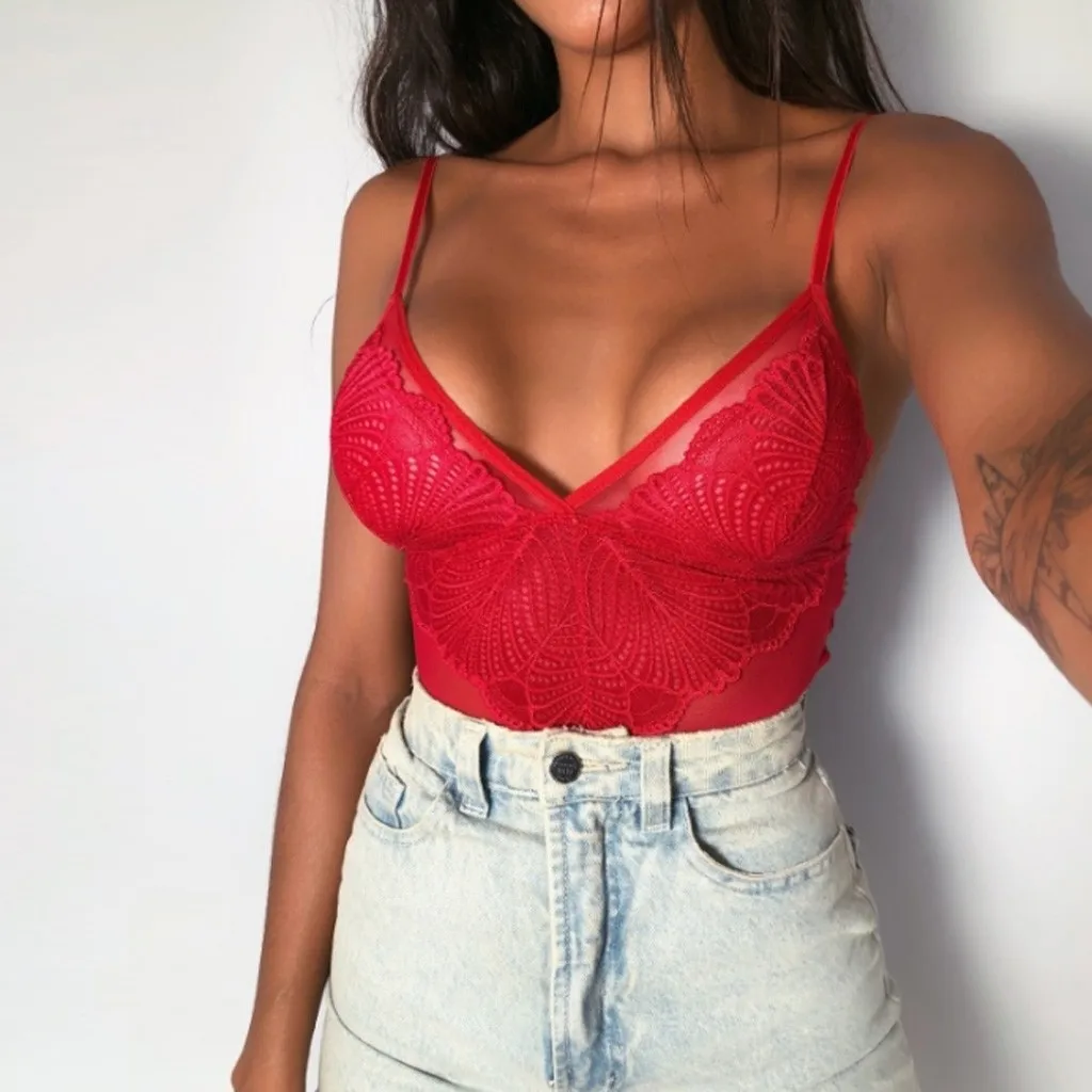 New One Piece Sexy Bodysuits Women Mesh Lace V-Neck Teddy Lingerie Jumpsuit Underwear Bodysuits Seamless Teddies Lingerie