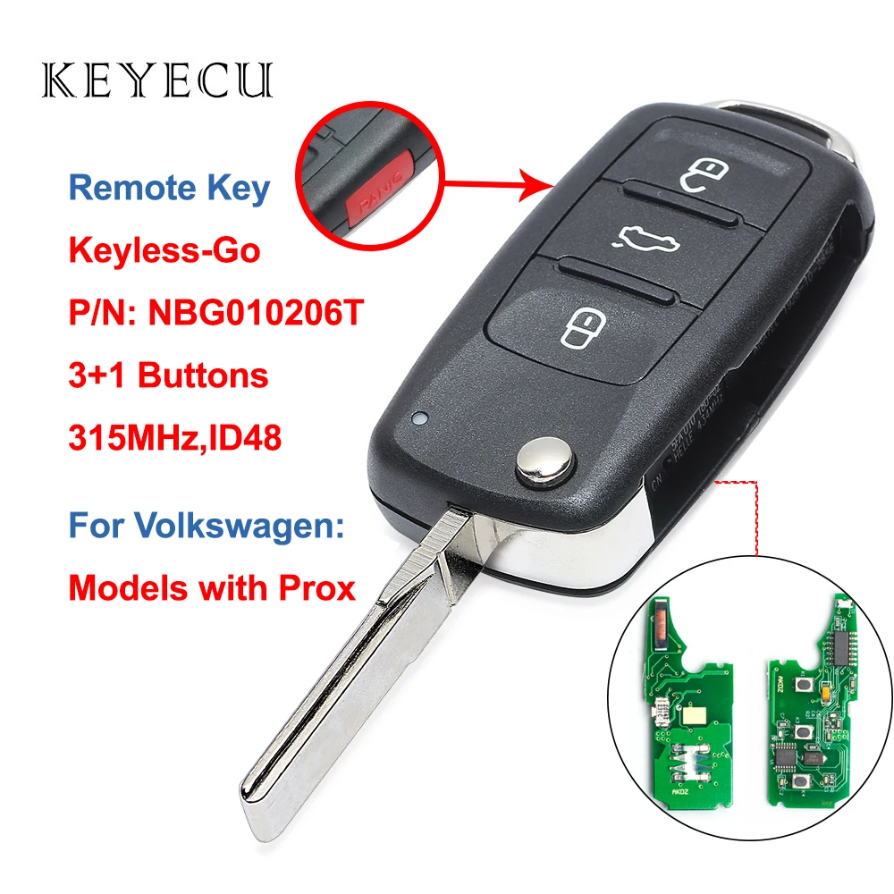 Keyecu Keyless Go дистанционный ключ 3 + 1 кнопки 315 МГц для Volkswagen 2011 2012 2013 2014 2015 2016 2017