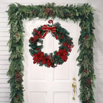 

Artificial Christmas Wreath With Large Bow, Pine Cone And Poinsettia Holiday Front Door Hanging Decoration Ornaments 16 Inch