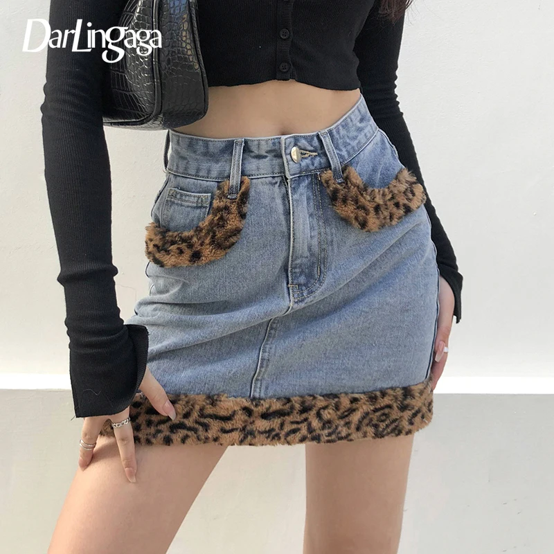 

Darlingaga Streetwear Faux Fur Leopard Print Denim Skirt Mini Fashion Vintage Spliced High Waist Skirt Pockets Women Skirts