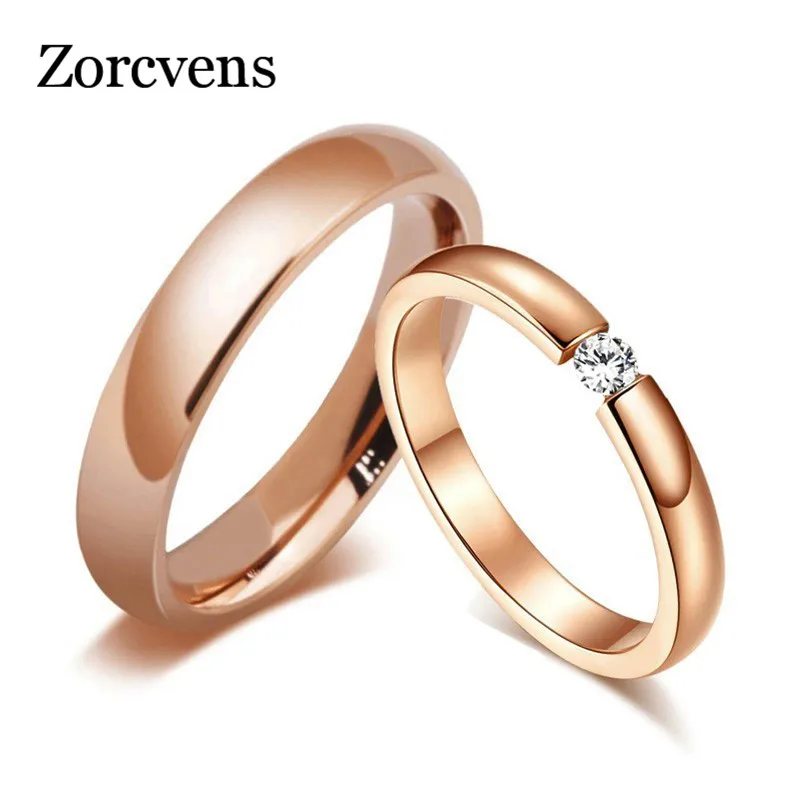 

ZORCVENS Trendy Bright 585 Rose Gold Tone Engagement Rings for Couples Stainless Steel with CZ Stone Men Women Wedding Bands