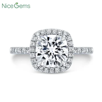 

NiceGems 14K White Gold 2ct Center 7.5mmx7.5 mm Cushion cut DF Color Moissanite with 3/4 Eternity Band Halo Engagement Ring