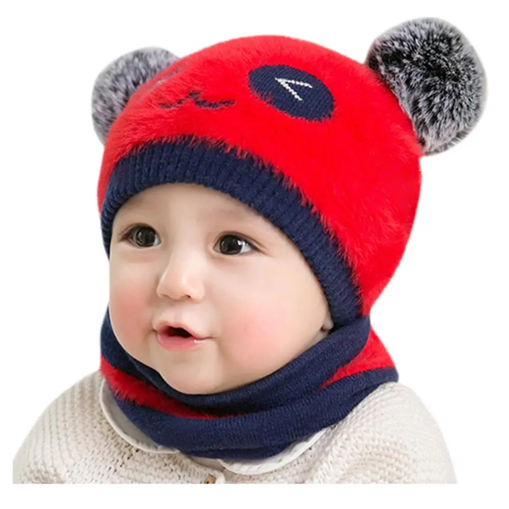 Зимняя детская теплая шапка, детский мультяшный медведь с ушками для мальчиков и девочек, милая мягкая шапка+ шарф, комплект из двух предметов, шляпа - Цвет: red