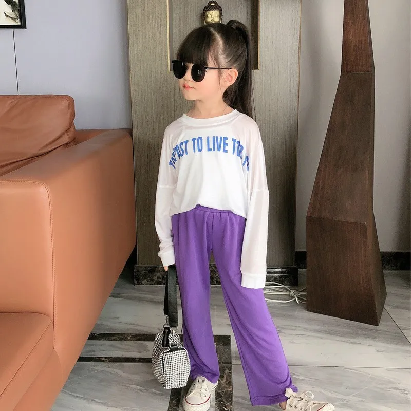 Parent-child suits age thinner loose long-sleeved T-shirt purple sun protection + sports wide-leg pants two-piece western style