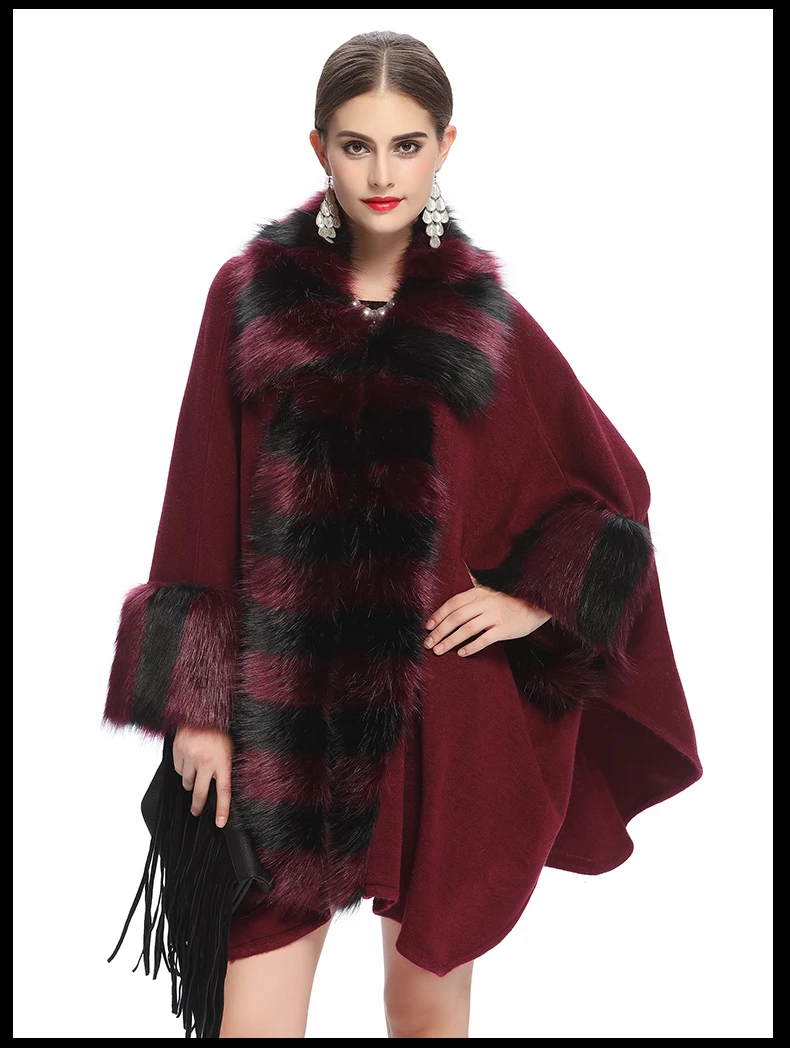 Модное роскошное пальто-накидка из искусственного лисьего меха с отворотом, длинный вязаный кашемировый кардиган, накидка, женские зимние вечерние пальто-накидка