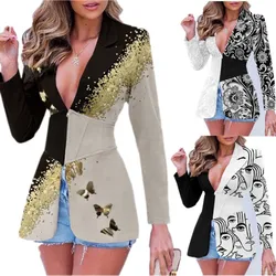 Impresso lapela pequeno terno jaqueta feminina outono e inverno 2021 nova moda contraste cor long sleeved terno jaqueta