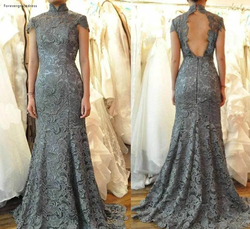 2017 Lace Mother Of The Bride Dresses Gray Sheer High Neck Cap Sleeved Floor Length Elegant Mermaid Backless Evening Party Gowns  122