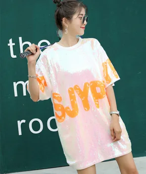 

T Shirt Women 2019 O-Neck Short Sleeve Sequins Ladies Tshirts Summer Casual Elegant T-shirt Femme Women Tshirt Cotton