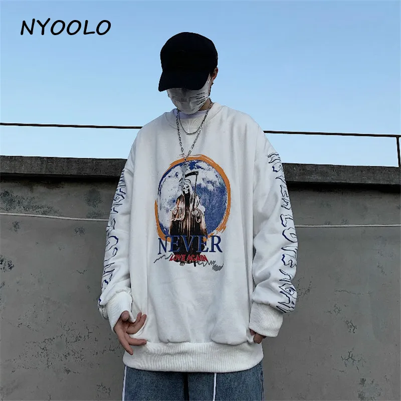 NYOOLO, Ретро стиль, уличная, с надписью «Dark Death», плюс бархат, теплые толстовки, Осень-зима, Свободный пуловер с круглым вырезом, Толстовка для женщин и мужчин - Цвет: Белый