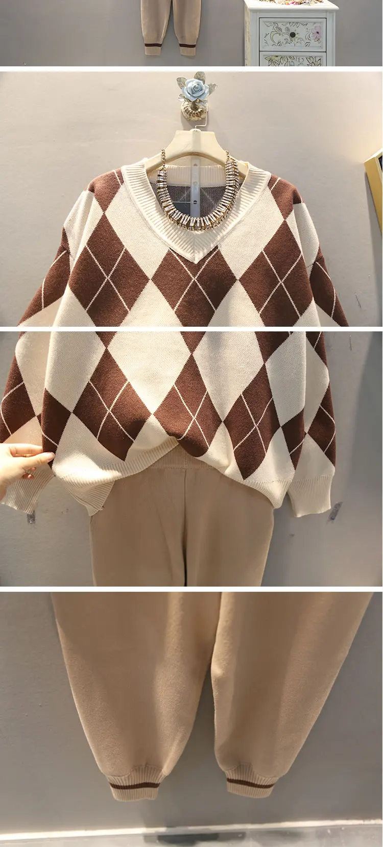 XITAO Two Piece Set Women Winter Knitted Plaid V-Neck Full Sleeve Elegant Top Elastic Waist Small Fresh Pants DMY1007