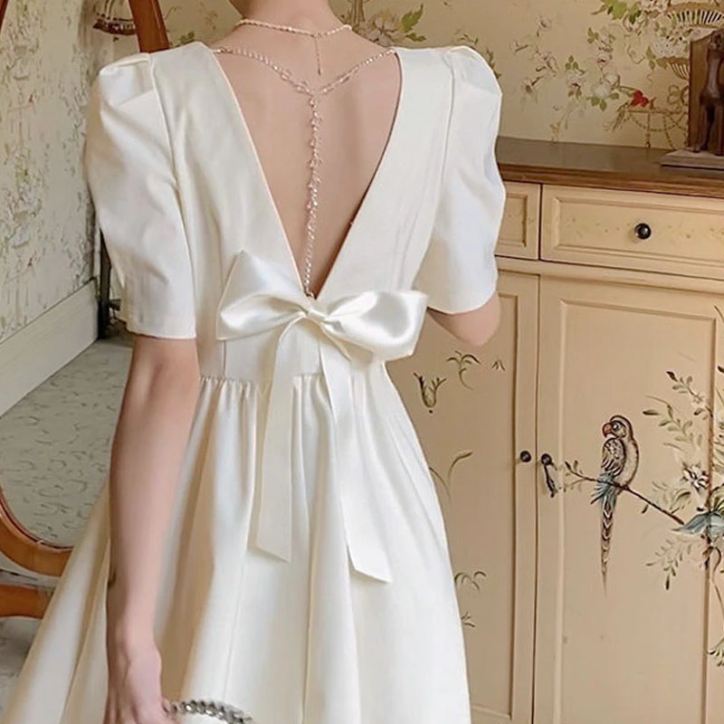 Backless Dress Women Casual Bow Design Vintage Short Sleeve Mini Dress Female Solid Party One Piece Dress Korean 21 Summer Dresses Aliexpress Backless Dress Women Casual Bow Design Vintage Short Sleeve Mini Dress Female Solid Party One Piece Dress Korean 21 Summer Dresses Aliexpress