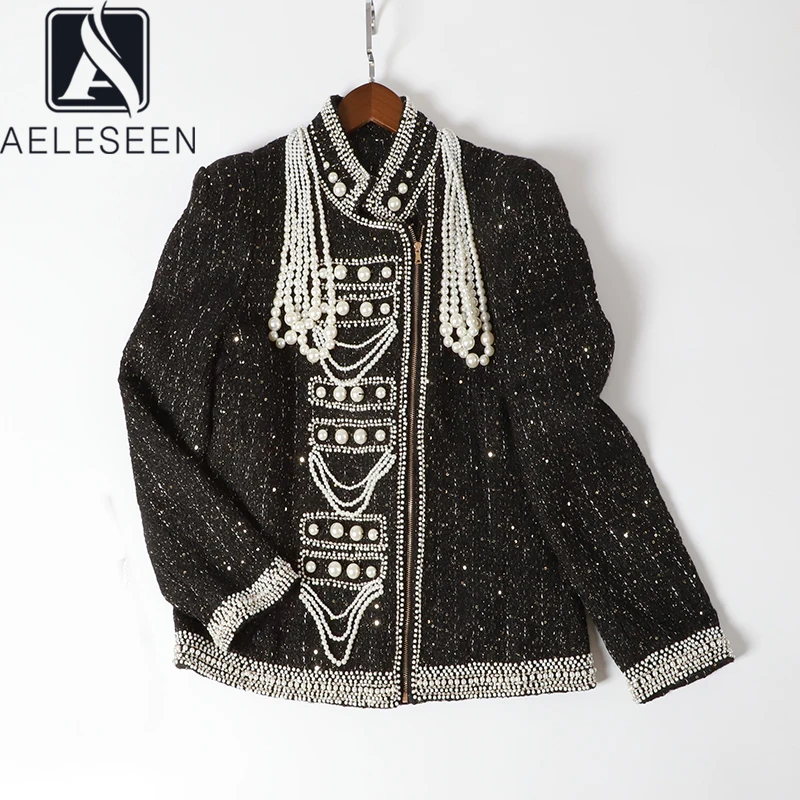 

AELESEEN 2020 Spring Runway Designer Woollen Jacket Women Luxury Pearls Pendant Mix Sequin Asymmetric Zipper Open Short Coat
