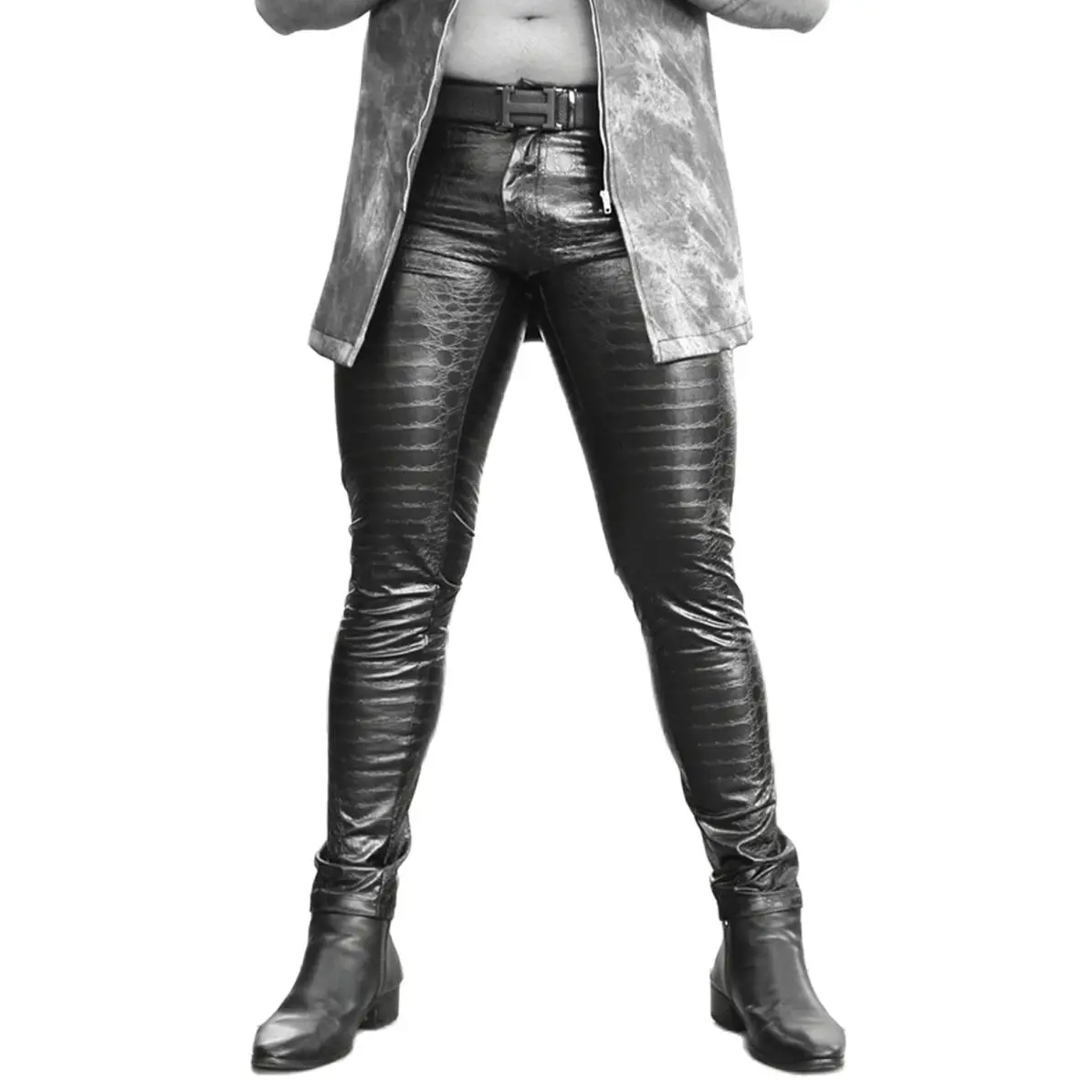 New 3d Printed PU Leather Pants Alligator Skin Texture Fashion Punk Pencil Leggings Slim Fit Trousers Imitate Tight Denim Style