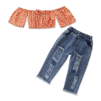 

1-5Y Kids Girl Summer Floral Shirt Tops Ripped Holes Jeans Pants Fashion Casual Two pieces Cute Baby Girls Clothing Set