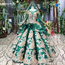 HTL950 зеленое вечернее платье мусульманское женское длинное вечернее платье с круглым вырезом и длинным рукавом Распухшее плиссированное платье для выпускного вечера vestidos de novia