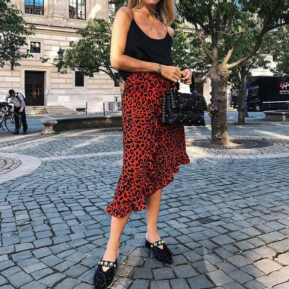 Women Skirt Summer Leopard Print Vintage Skirts Long Casual High Waist Pleated Skirt Fashion Irregular Ruffles Skirt 2020 NEW