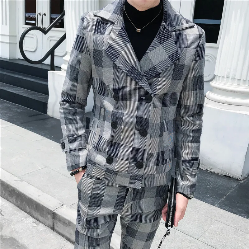2019 autumn double-breasted men's plaid suit 2-piece suit (blazer + suit pants) men's fashion casual Slim large size plaid suits