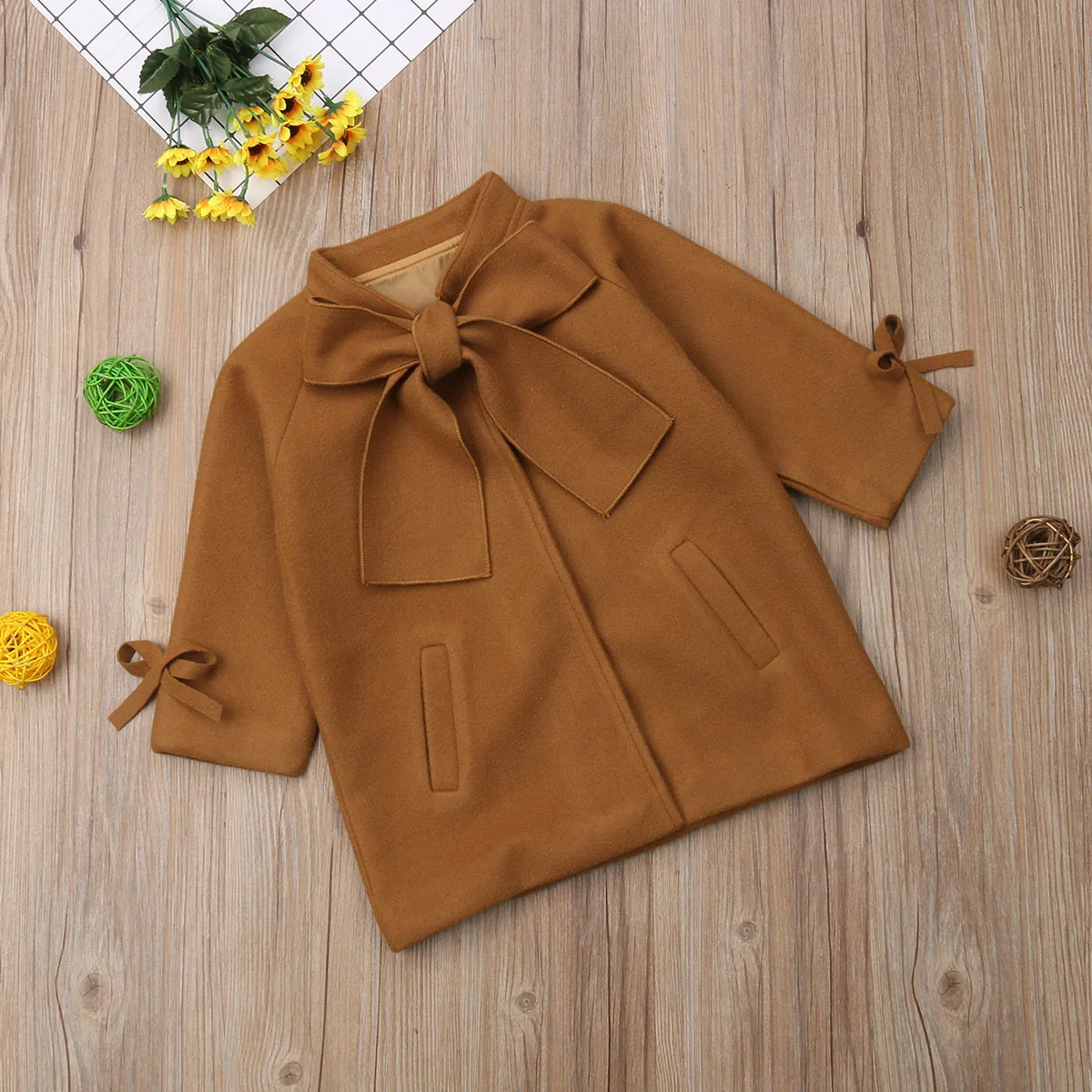 Pudcoco/зимний теплый шерстяной Тренч для маленьких девочек возрастом от 2 до 8 лет ветрозащитное пальто с бантом, однотонное пальто с длинными рукавами, верхняя одежда, куртка