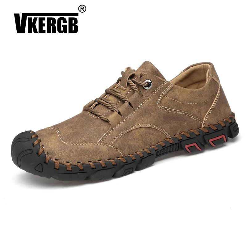 Vkergb Men's Genuine Leather Casual Shoes New Fashion Lace up Shoes For Men Summer Breathable Man Flat Shoes Sneakers Male Boat