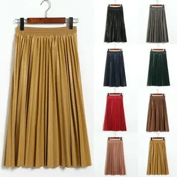 

New Women's high waist pleated Slim leather skirt casual half-length skirt autumn and winter long wild long skirt