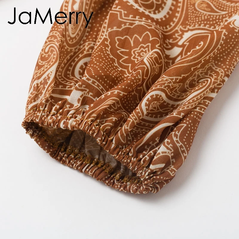 JaMerry/винтажная женская блузка с оборками, рубашка, эластичная высокая талия шифон, Женский Топ, рубашка с буфами на рукавах, принт, Женский Топ, блузка, рубашка