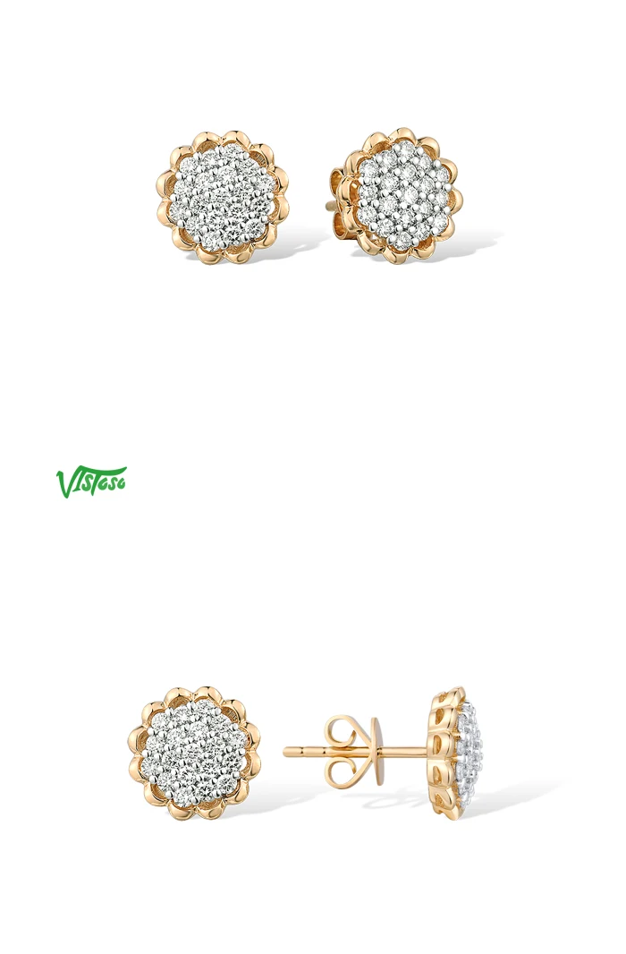 VISTOSO Gold Earrings For Women 14K 585 Yellow Gold Sparkling Diamond Dainty Sunflower Stud Earrings Fashion Trendy Fine Jewelry