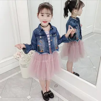 

12.20th Spring girl Sets 2020 New Arrival Denim embroidered coat + Vest mesh dress Children's 2pcs Sets Age 3-12 Years Old