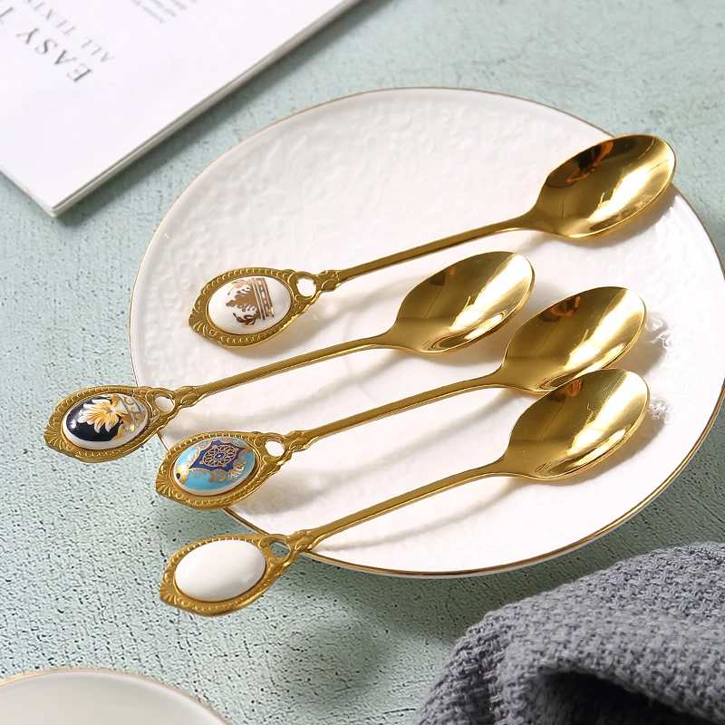 

European High End 4Pcs Stainless Steel Spoons Inlay Ceramic Handle Retro Gold Plating Dessert Teaspoon Dinnerware Sets