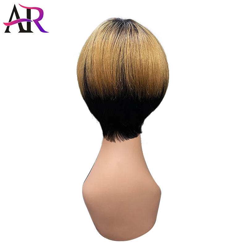 Perucas de Cabelo Brasileiro para Preto Humano Curto Pixie Corte Reto Remy Cabelo Feminino Máquina Feita Destaque Cor Peruca Barata 193 Perucas à máq.