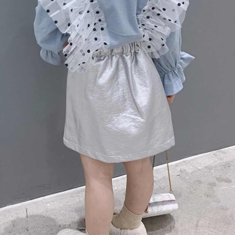 Spring Autumn girls PU skirt baby A line skirt kids skirt children skirt toddler streetwear silver irregular snap 3 to 8 yrs