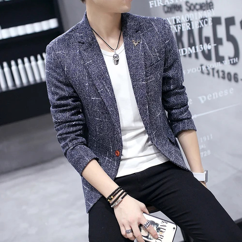 New Slim Fit Casual Jacket Cotton Men Blazer Coats Single Button Gray Mens Suit Jacket Autumn Coat Male Suit Jackets - Color: blue