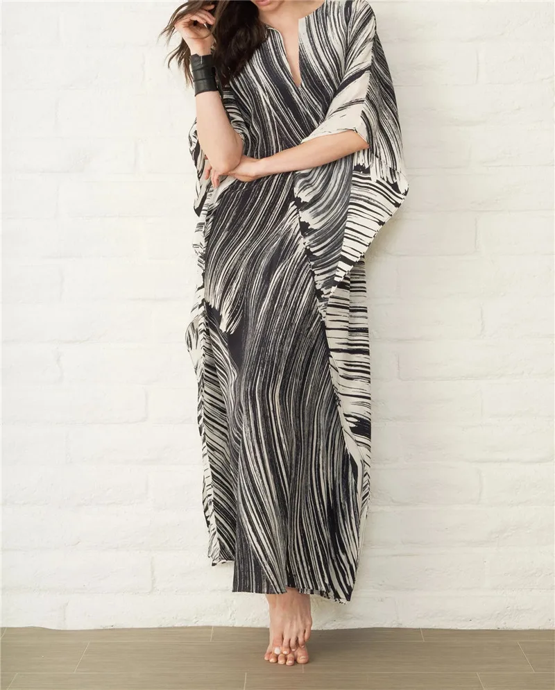 

2019 Bohemian Striped Summer Women Beachwear Kaftan Cover-ups Beach Dress Cotton Tunic Swim Wear Cover Up Robe de plage