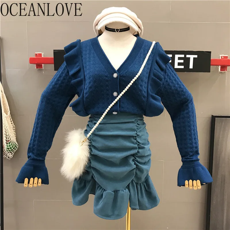 OCEANLOVE свитера с оборками Женские однотонные с v-образным вырезом и расклешенными рукавами короткие кардиганы Sueter Mujer Корейская Chaqueta Mujer Милая 13190