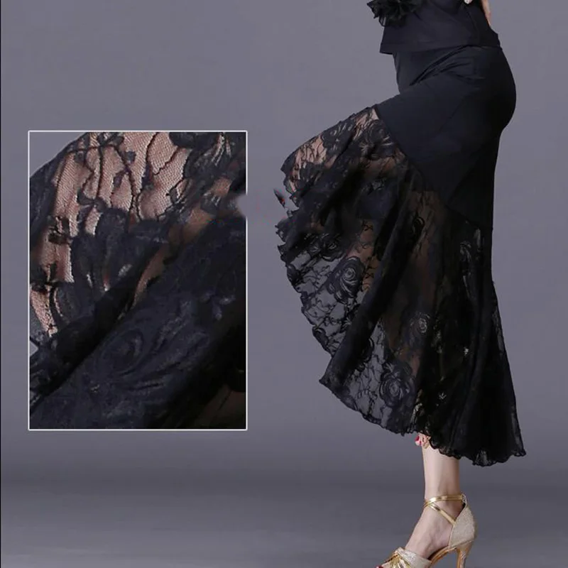 Сексуальные латинские танцевальные юбки Женская Черная кружевная юбка асимметричная юбка рыбий хвост длинное бальное танцевальное платье