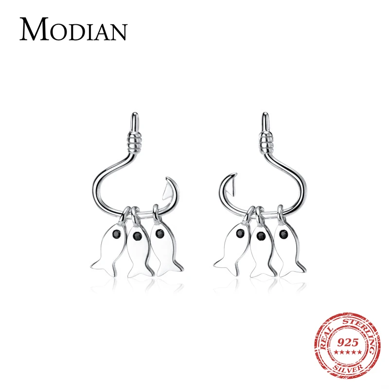 Modian Glossy Three Small Fish Hooks Earring for Women Gift Real 925 Sterling Silver Simple Animal Dangle Fine Jewelry | Украшения и