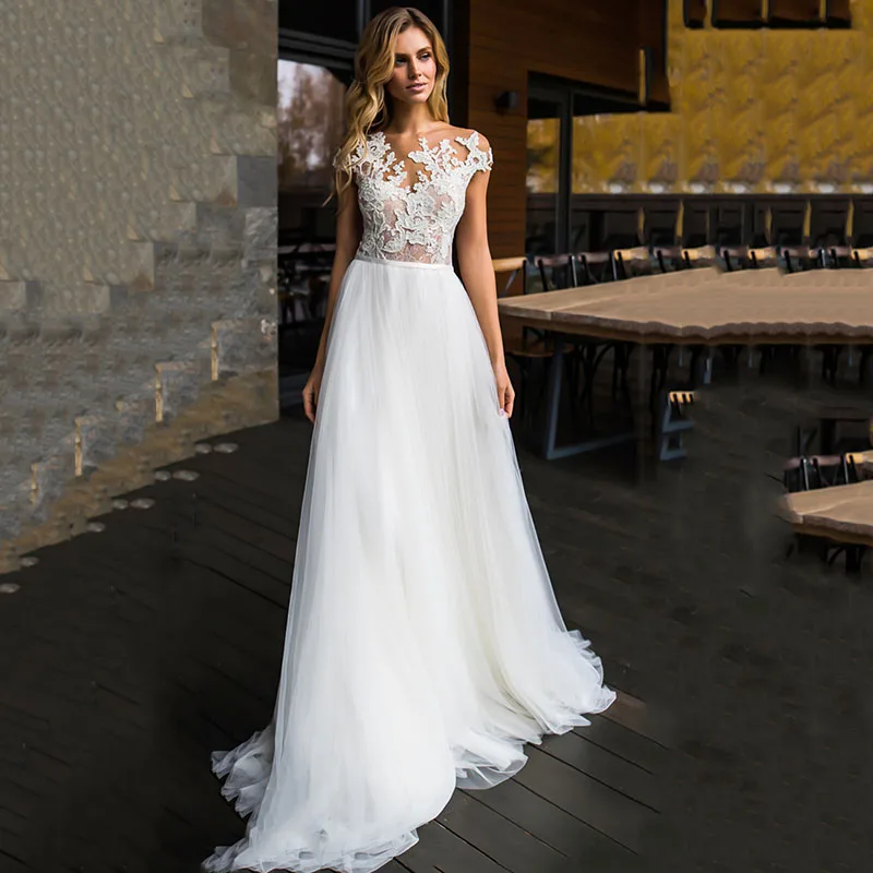 

Eightree Cap Sleeve vestido de noiva A-Line Wedding Dresses Sleeveless Applique Bride Dress Robe de mairee Wedding Gown Backless